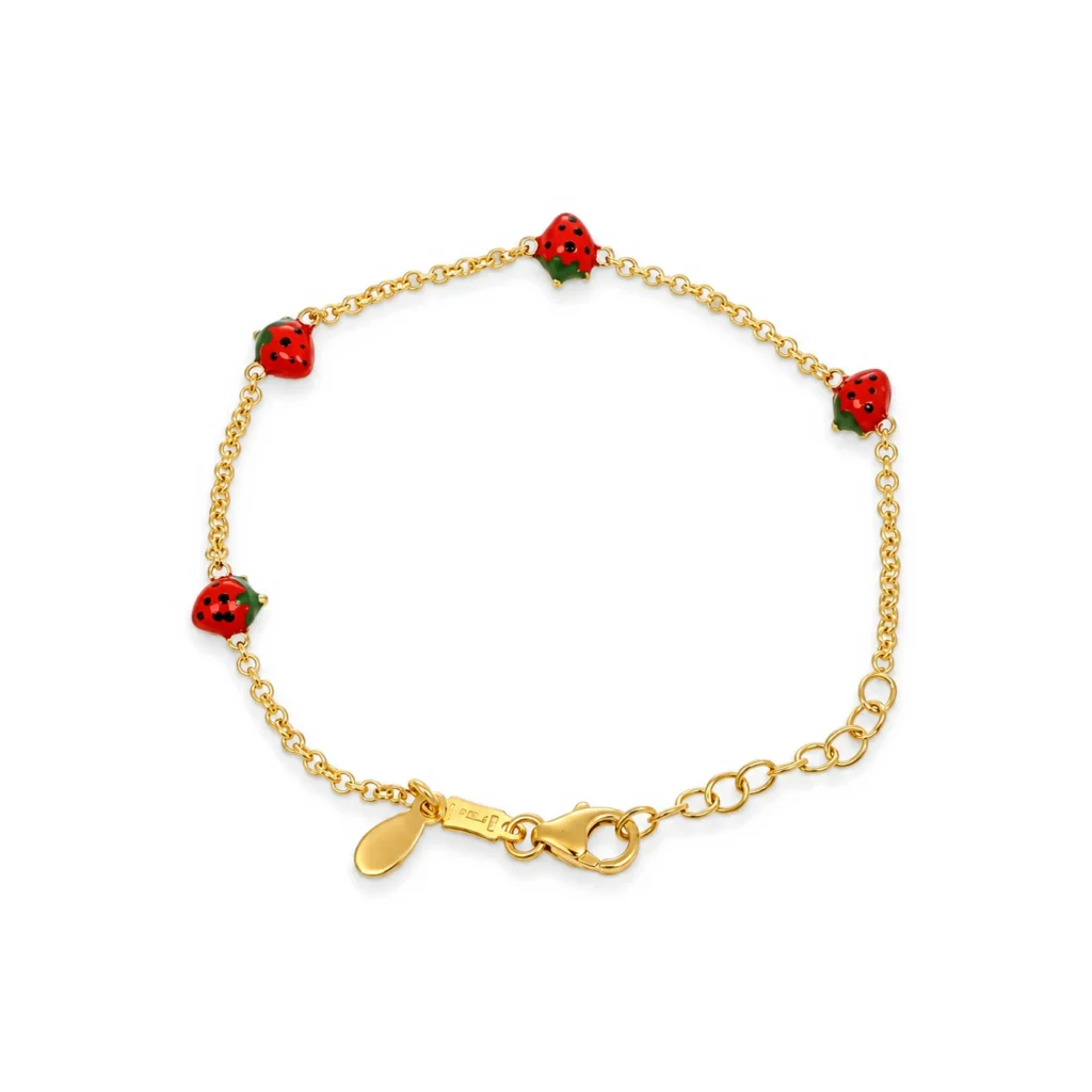 Bracciale oro giallo con fragole smaltate, oro 18 kt, lunghezza 13 cm