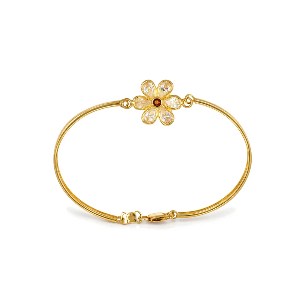 Bracciale oro giallo rigido con fiore centrale con zirconi b e rossi, oro 18 kt