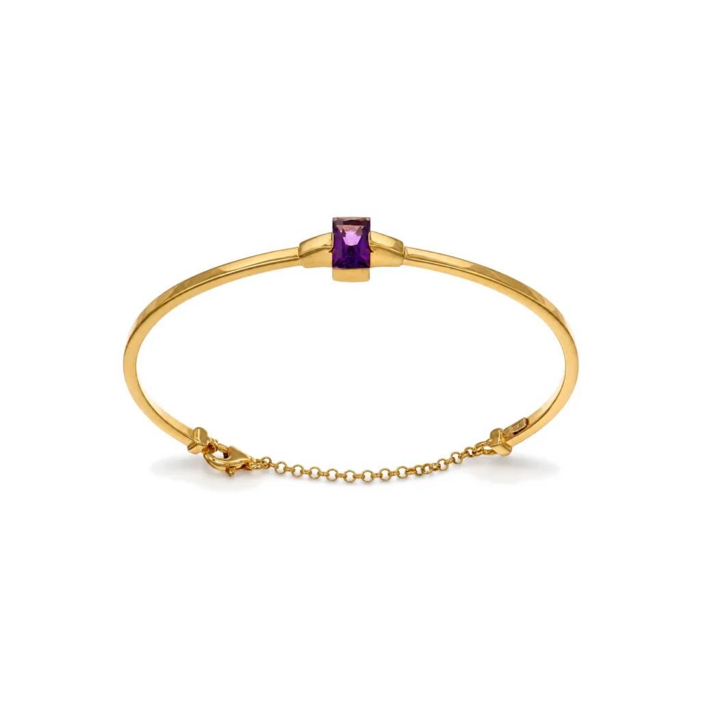 Bracciale oro giallo rigido con zirc viola, oro 18 kt, lunghezza 5 cm
