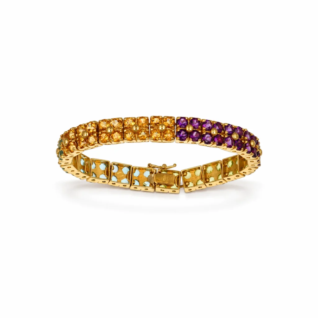 Bracciale oro giallo tennis con zirconi colorati, oro 18 kt, lunghezza 18 cm