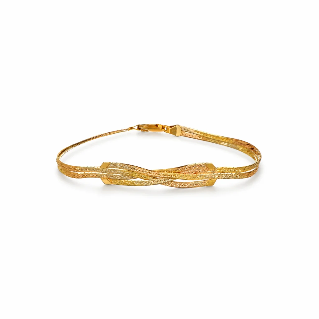 Bracciale tre ori maglia piatta, oro 18 kt, lunghezza 19,8 cm