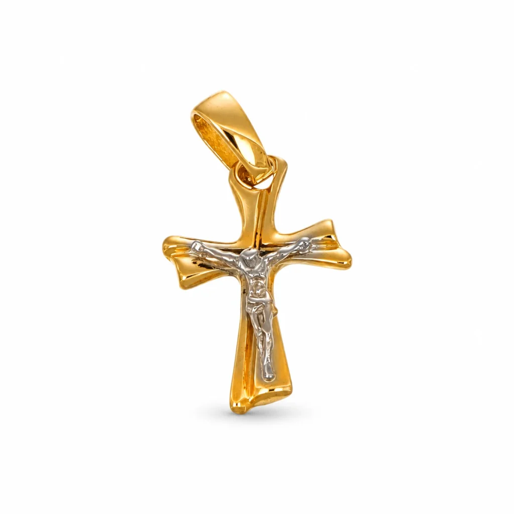 Ciondolo due ori  croce con Gesu, oro 18 kt
