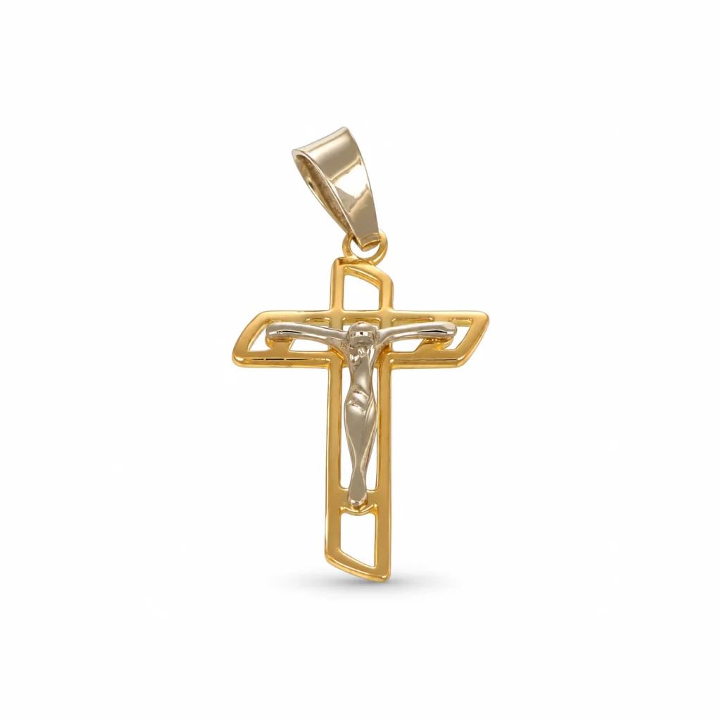 Ciondolo due ori croce con Gesu', oro 18 kt