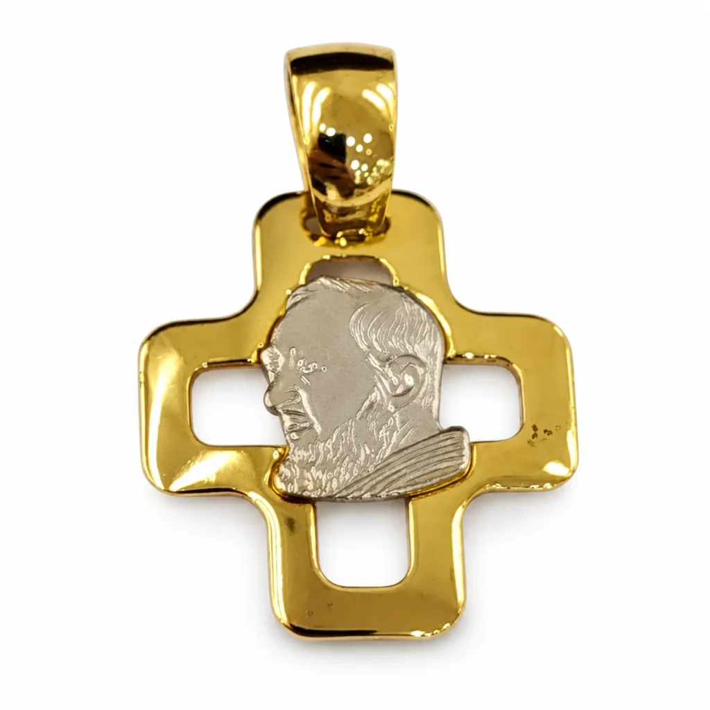 Ciondolo due ori croce con padre PIO, oro 18 kt