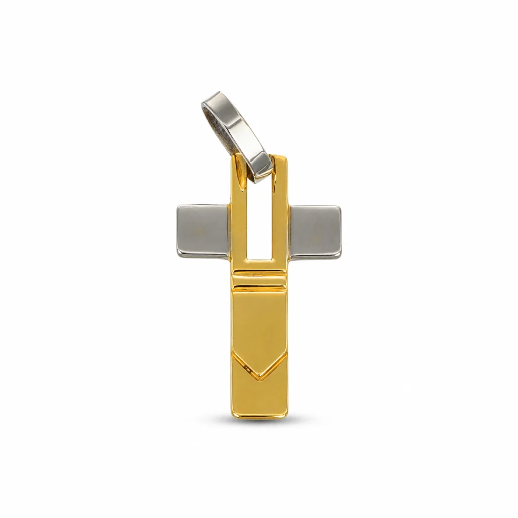Ciondolo due ori croce lucida satinata, oro 18 kt