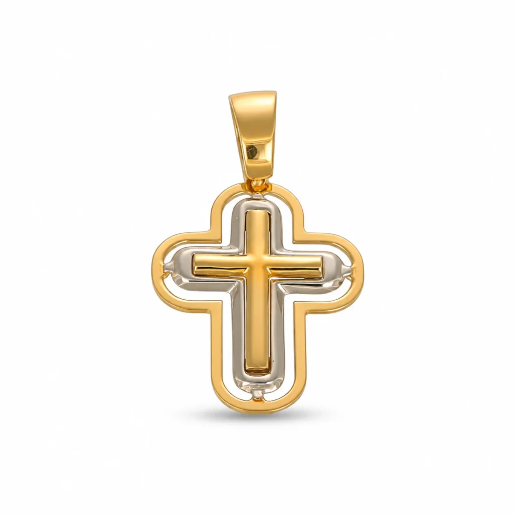 Ciondolo due ori croce, oro 18 kt