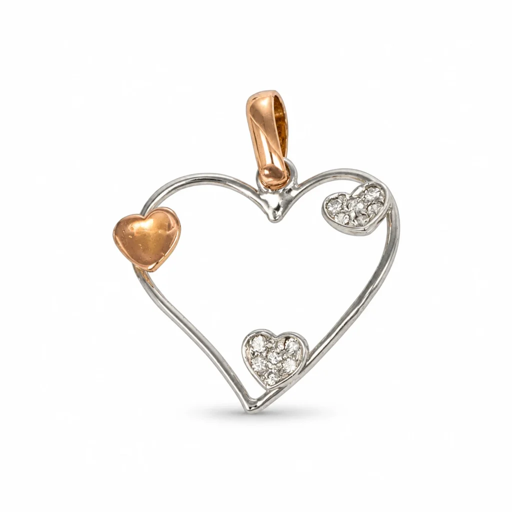 Ciondolo due ori cuore con zirc b, oro 18 kt