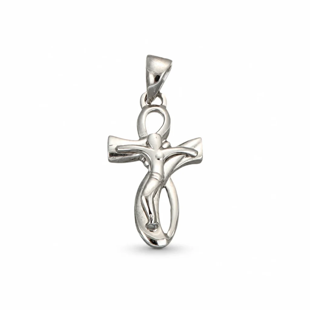 Ciondolo oro bianco croce con Gesu, oro 18 kt