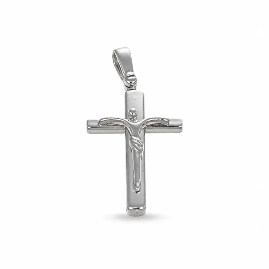 Ciondolo oro bianco croce con Gesù, oro 18 kt