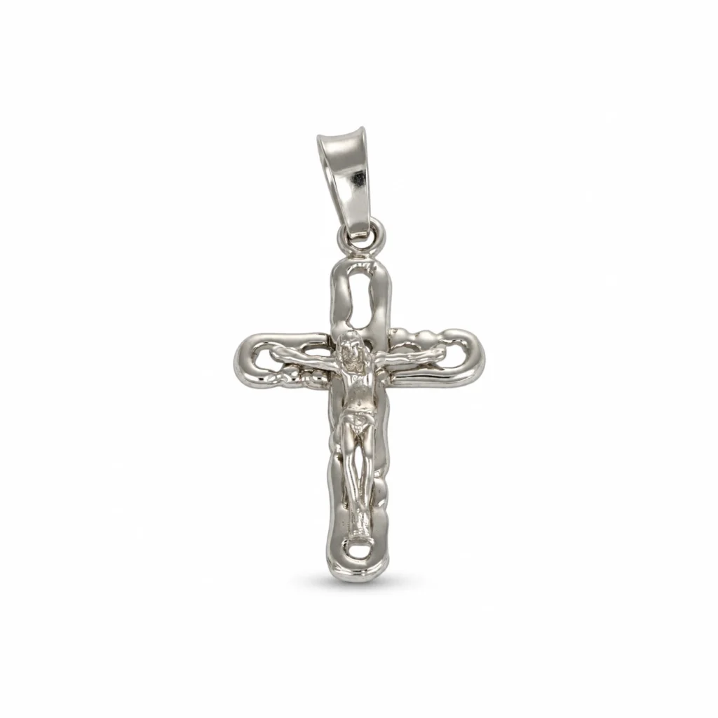 Ciondolo oro bianco croce con Gesù, oro 18 kt