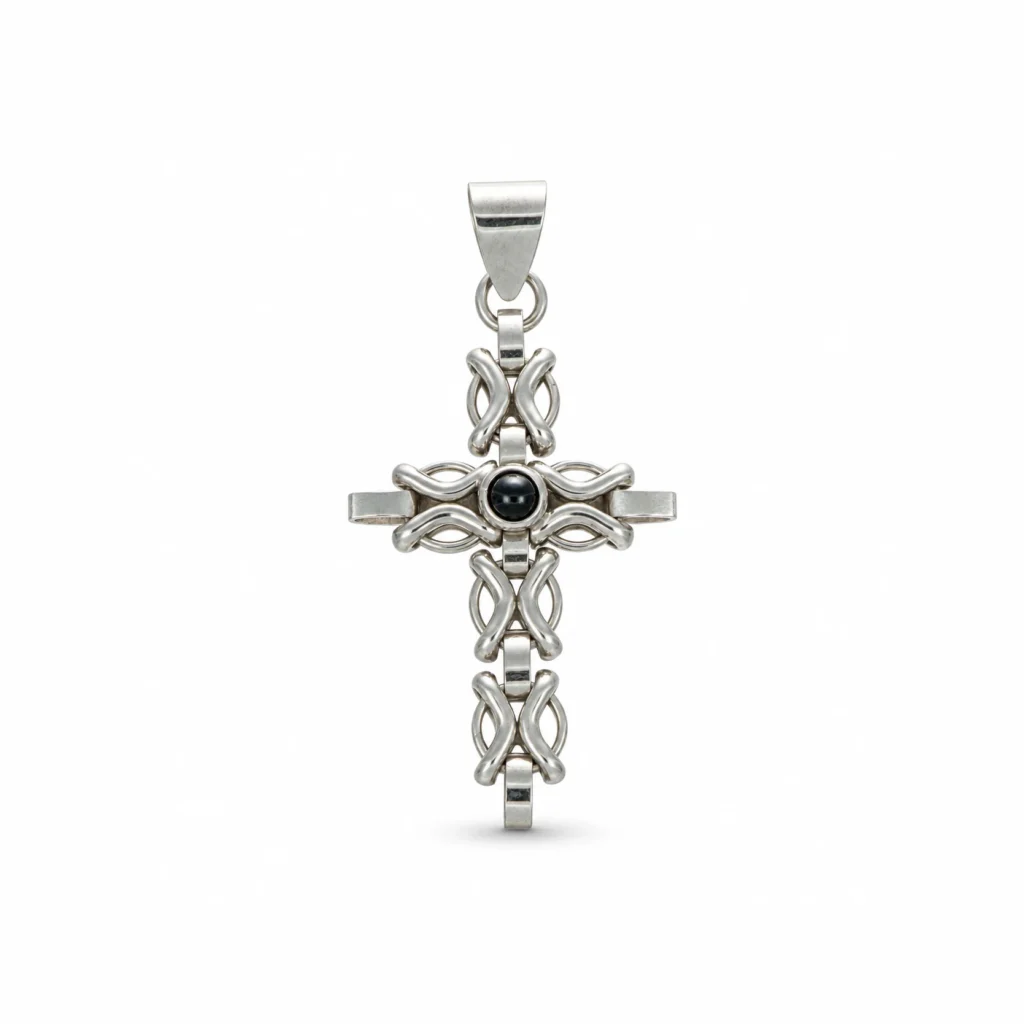 Ciondolo oro bianco croce con onice, oro 18 kt