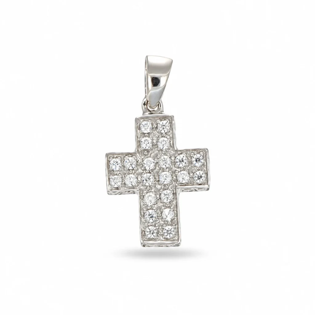 Ciondolo croce geometrica in oro bianco 18 kt con zirconi bianchi incastonati