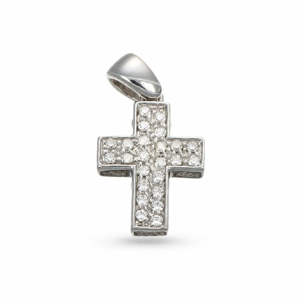 Croce geometrica in oro bianco 18 kt con zirconi bianchi incastonati nei bracci