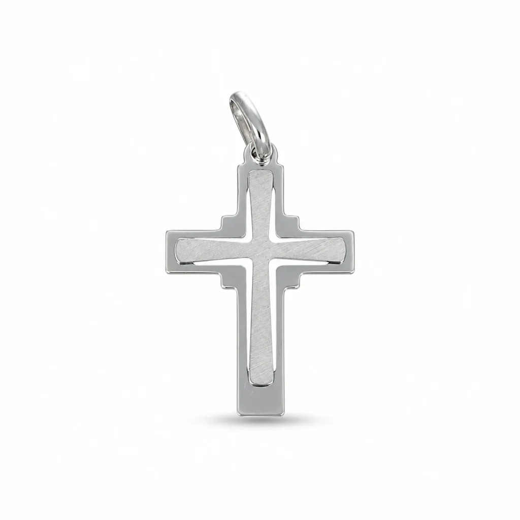 Ciondolo oro bianco croce lucida satinata, oro 18 kt