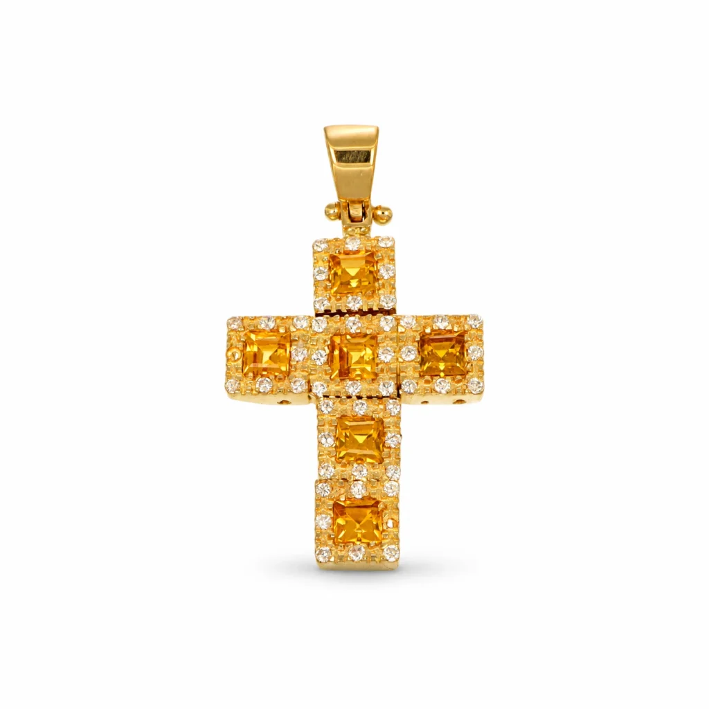 Croce in oro giallo 18 kt con zirconi gialli e bianchi disposti in file geometriche