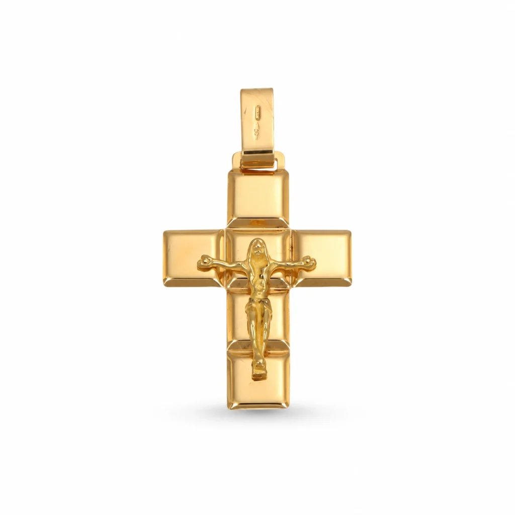 Ciondolo oro giallo croce con Gesu, oro 18 kt