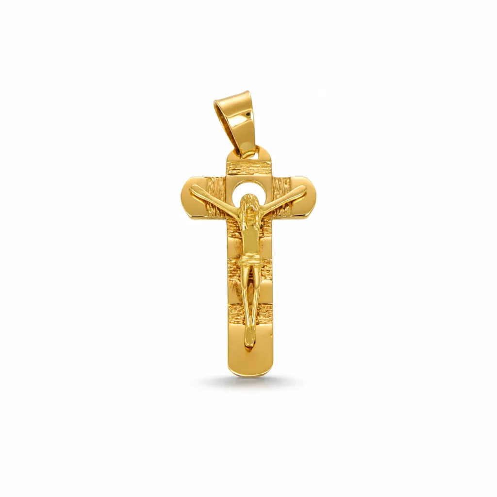 Ciondolo oro giallo croce con Gesù, oro 18 kt