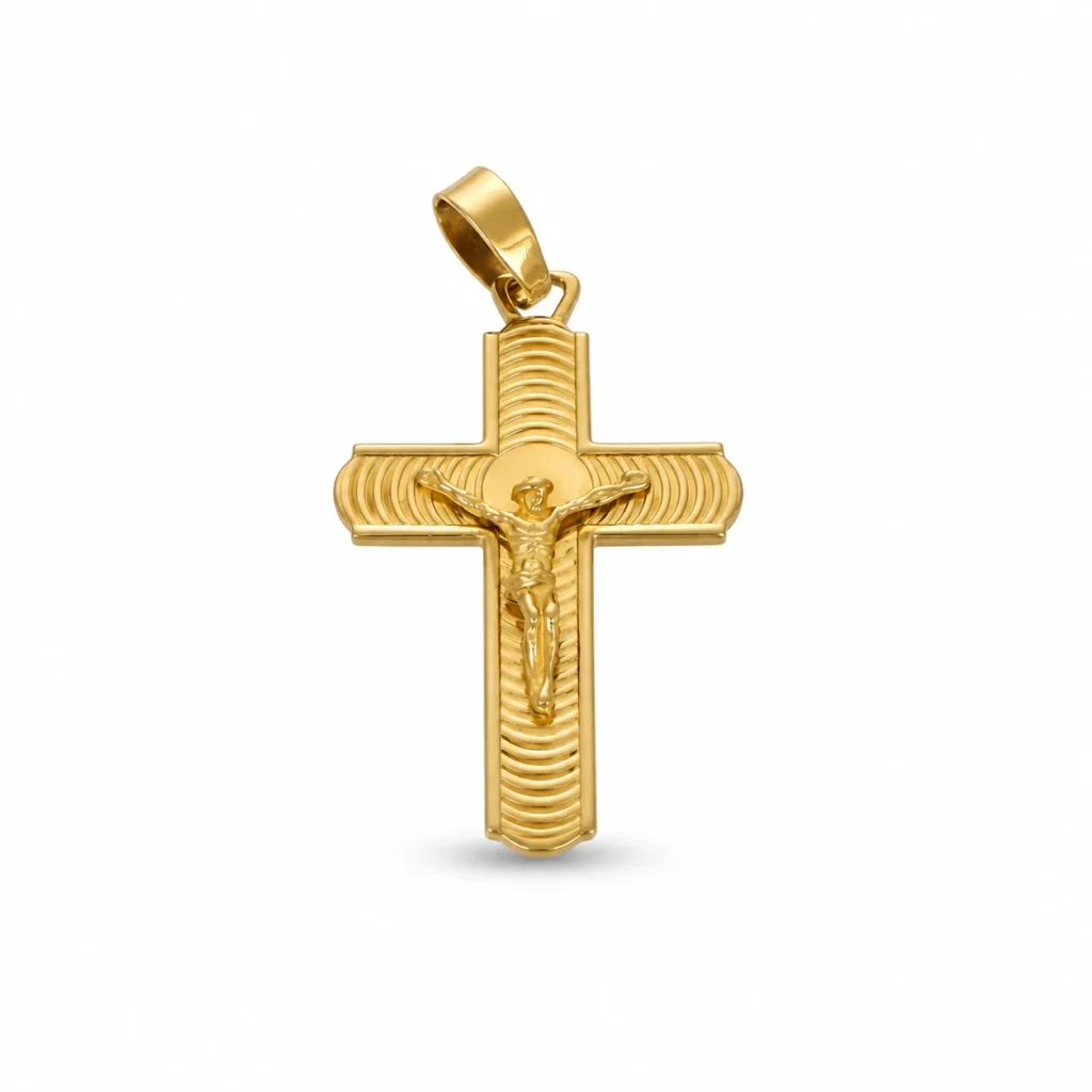 Ciondolo oro giallo croce con Gesù, oro 18 kt