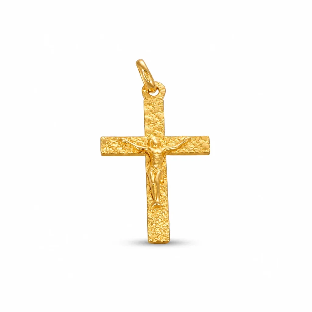 Ciondolo oro giallo croce con Gesù, oro 18 kt