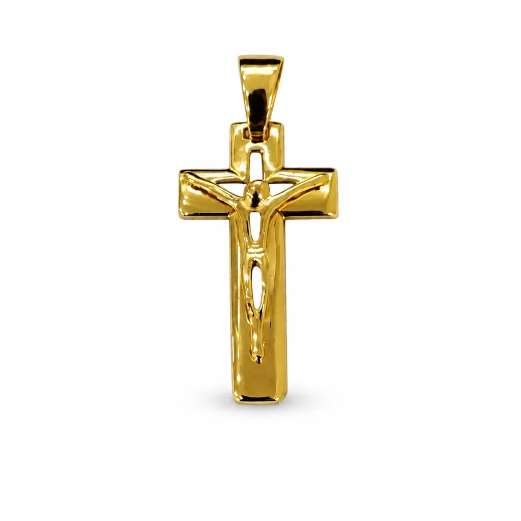 Ciondolo oro giallo croce con Gesù lucido satinata, oro 18 kt