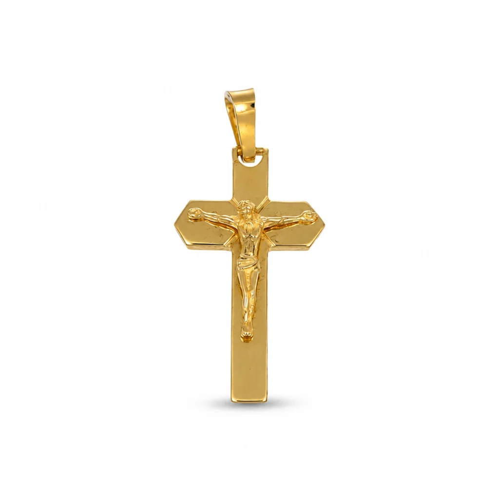 Ciondolo oreo giallo croce con Gesu, oro 18 kt