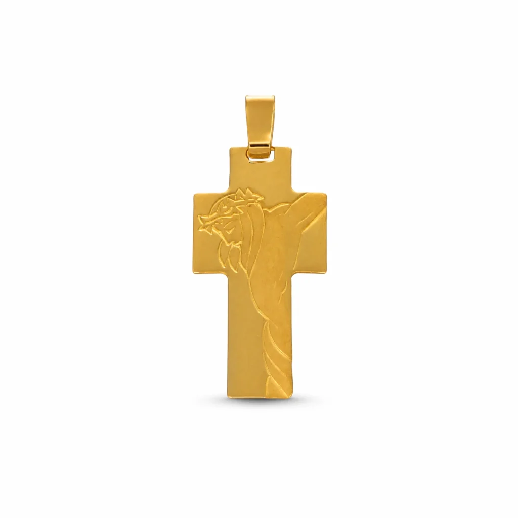 Ciondolo oro giallo lucido satinato croce con Gesù, oro 18 kt