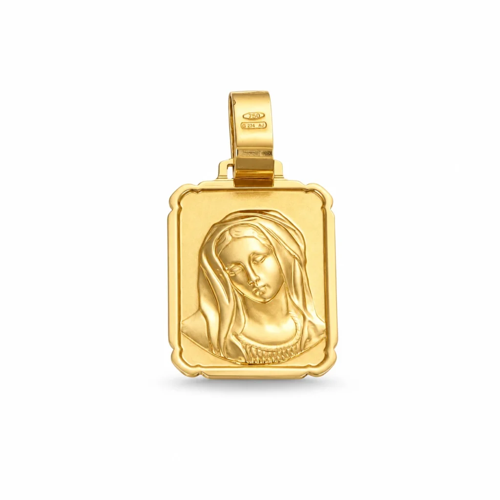 Medaglia rettangolare in oro giallo 18 kt con immagine della Madonna e cornice sagomata