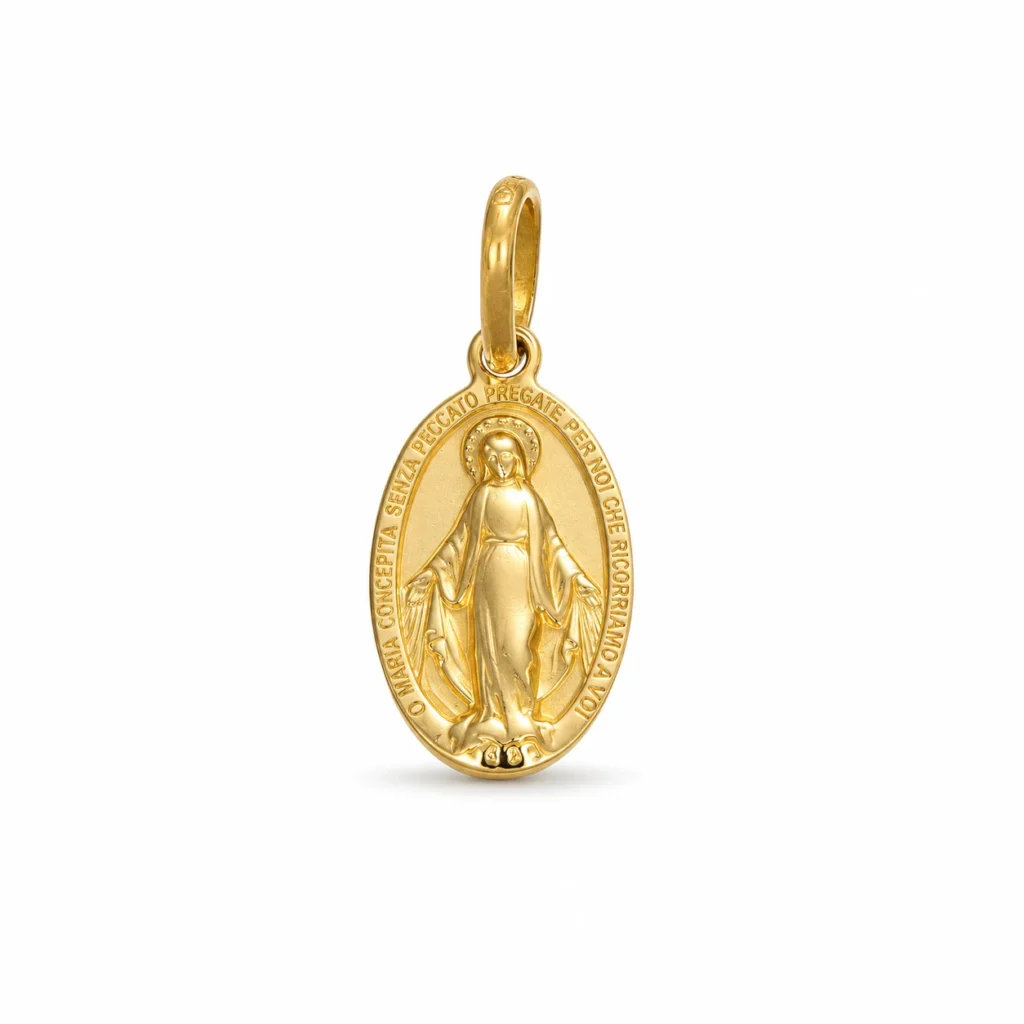 Medaglia ovale della Madonna Miracolosa in oro giallo 18 kt con iscrizione sul bordo