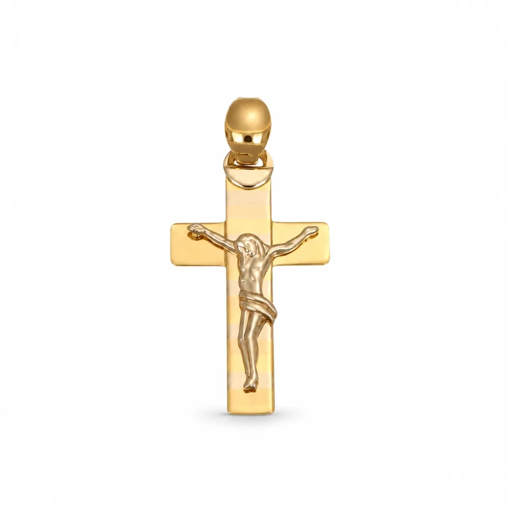Ciondolo tre ori croce con Gesu, oro 18 kt