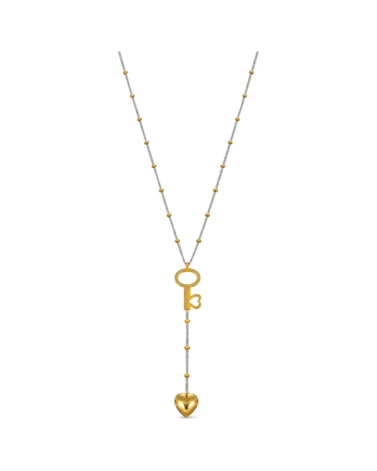 Collana due ori 750 con ciondolo chiave e cuore pendente, oro 18 kt, lunghezza 43 cm