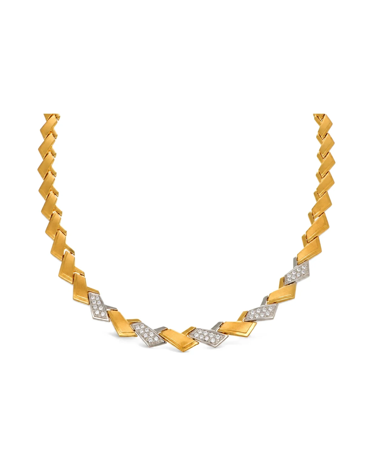 Collana due ori lucido satinata con zirconi bianchi, oro 18 kt, lunghezza 32 cm