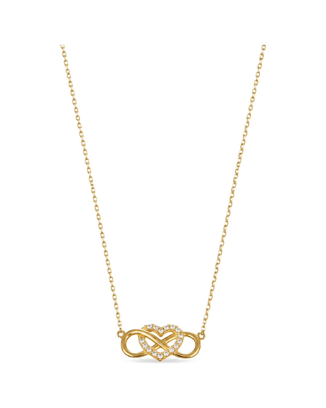 Collana oro giallo con cuore con zirconi bianchi e infinito, oro 18 kt, lunghezza 44 cm