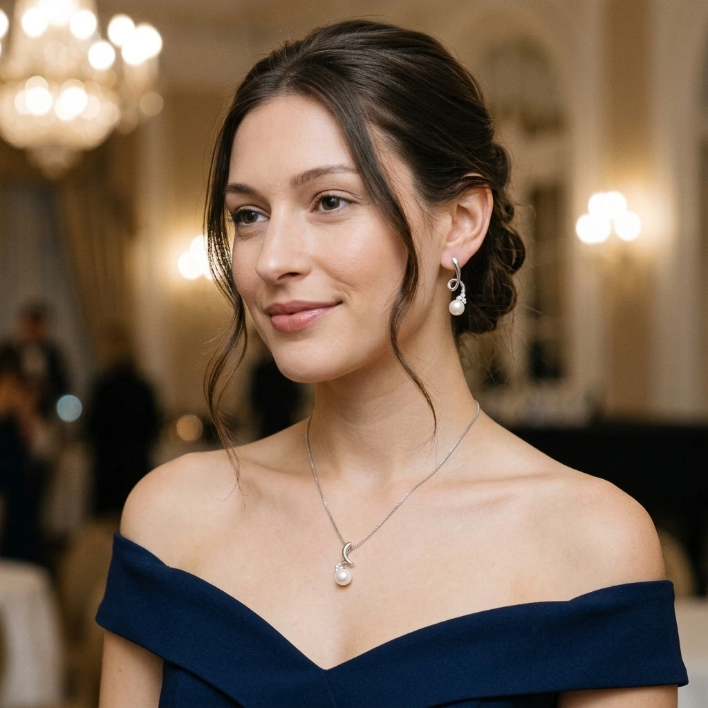 Donna con orecchini e collana in oro bianco con perla e diamanti