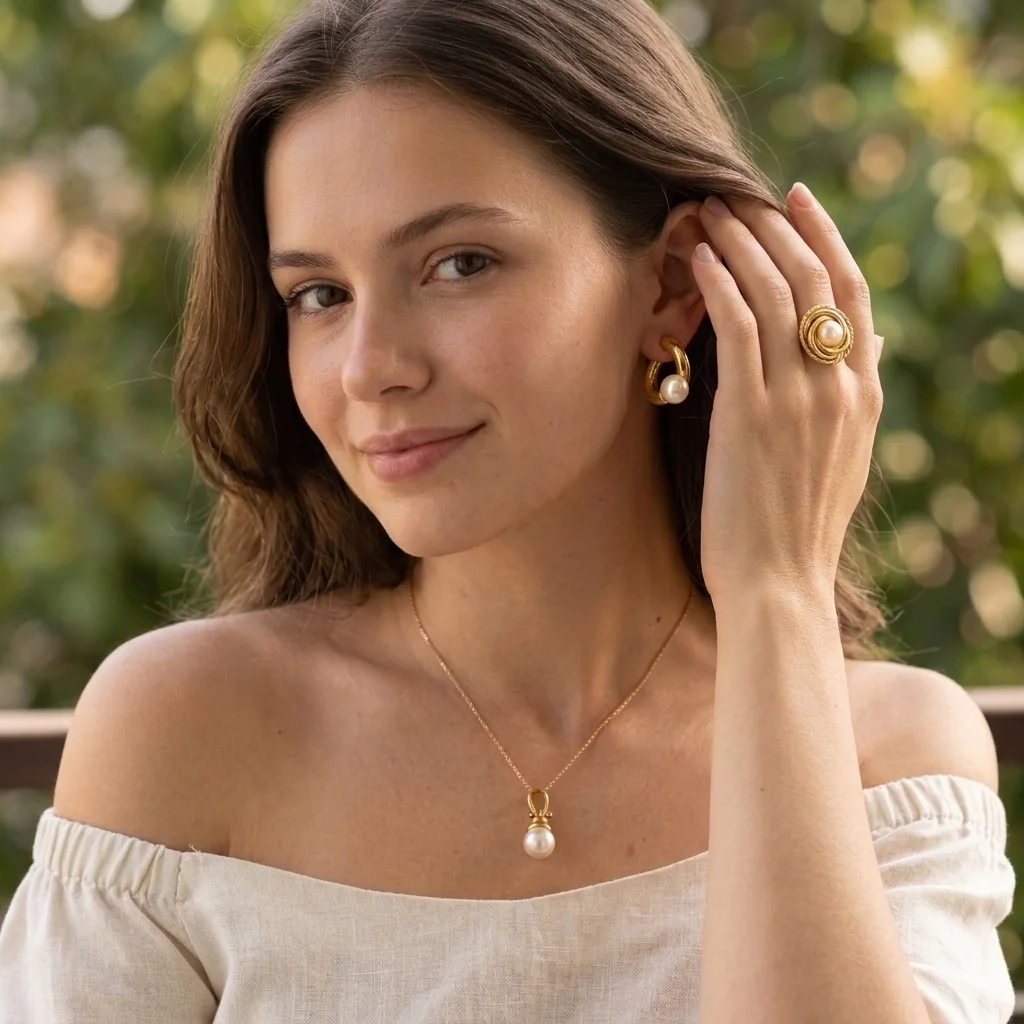 Donna con orecchini, anello e collana in oro giallo con perla