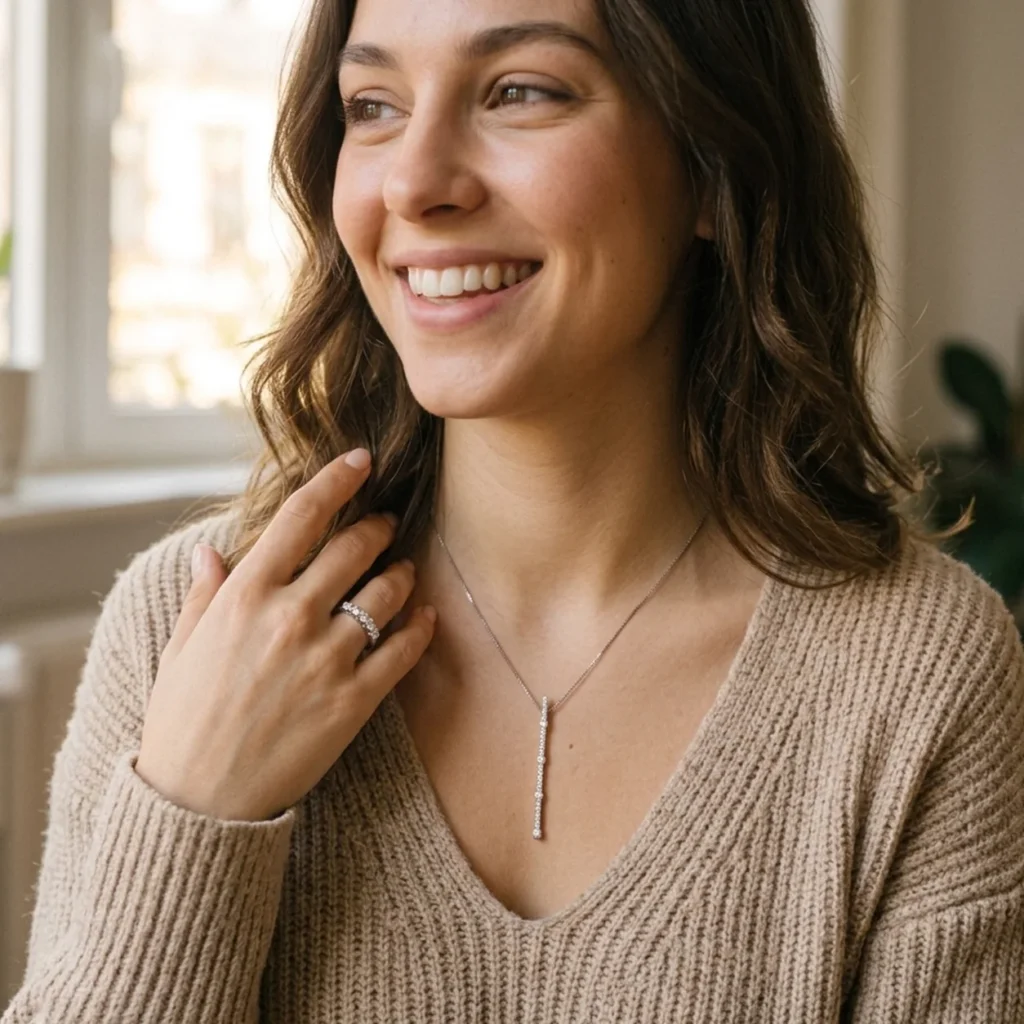 Donna sorridente con collana a pendente e anello in oro bianco con zirconi