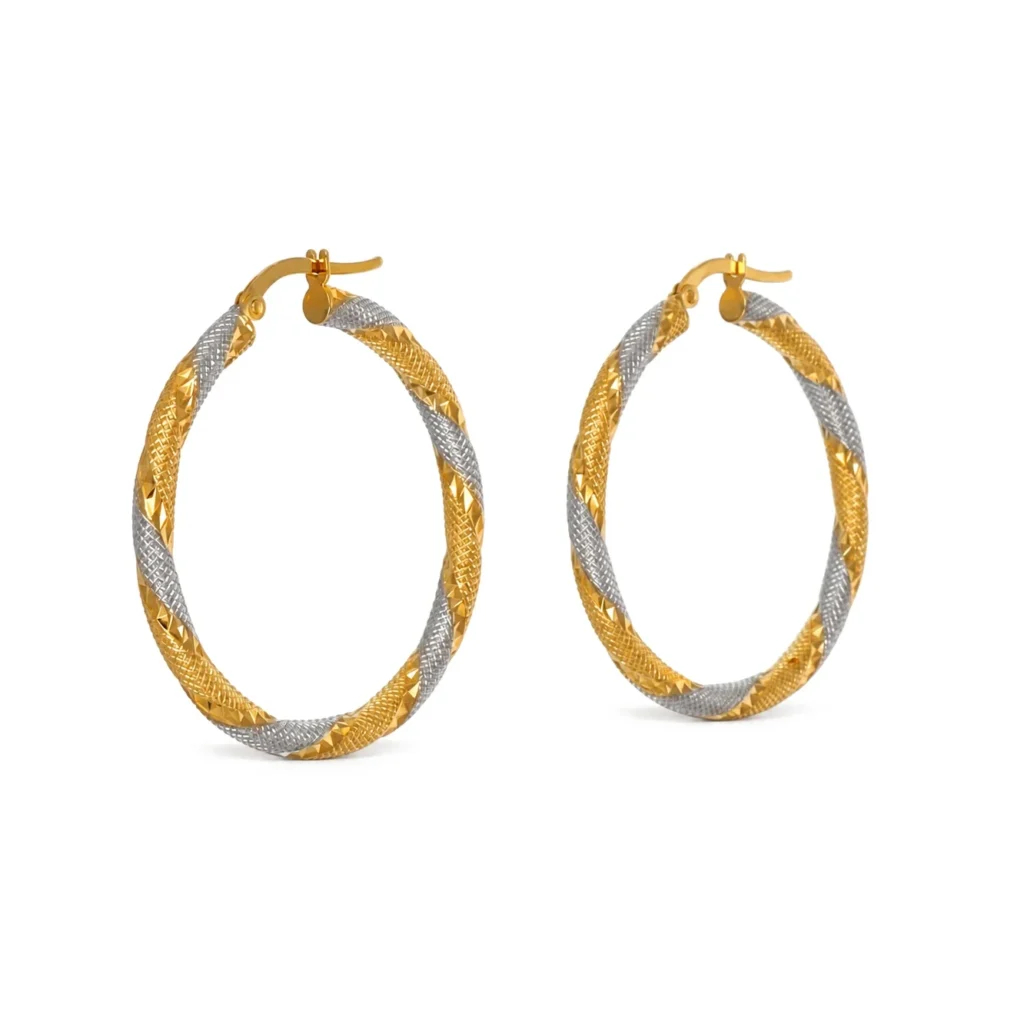 Orecchini due ori cerchi torcion lavorati, oro 18 kt