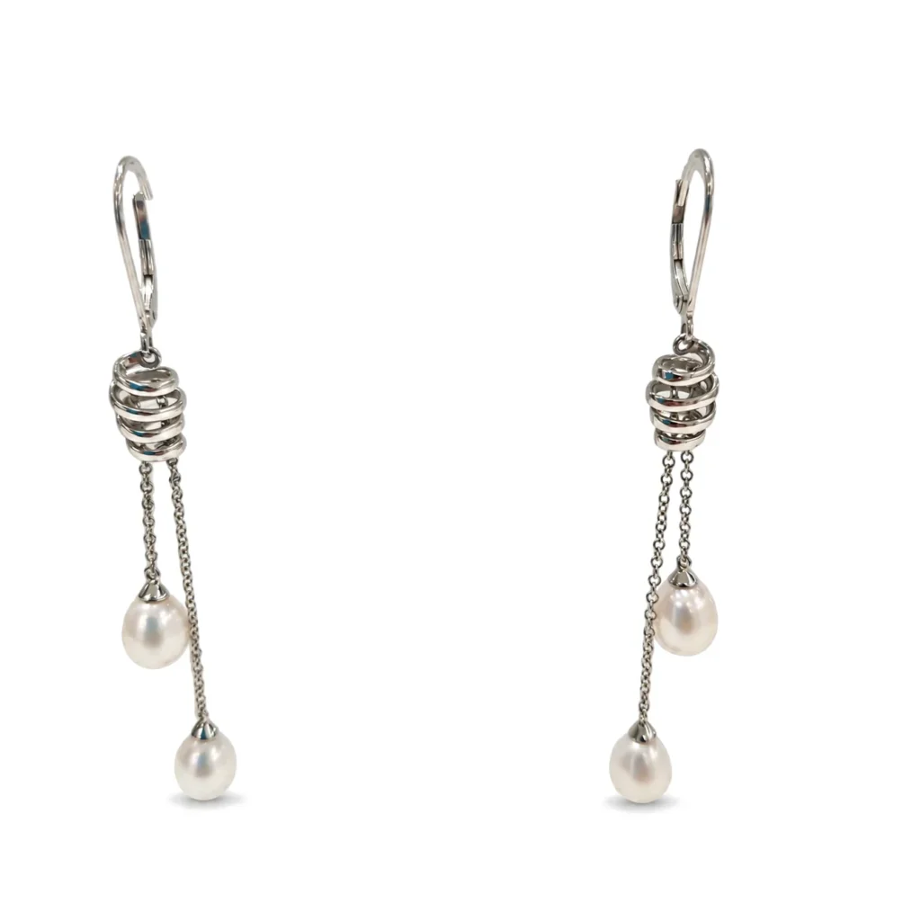 Orecchini oro bianco con perle pendenti goccia, oro 18 kt