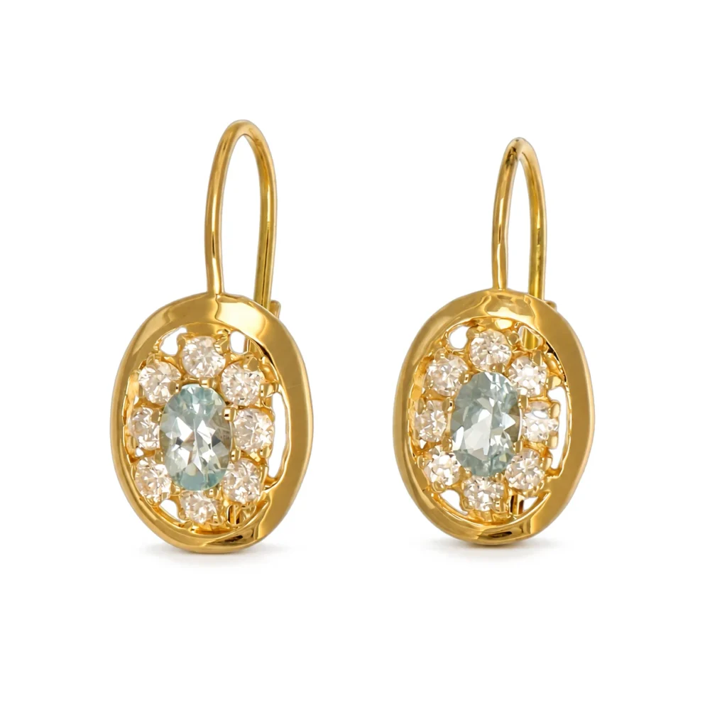Orecchini oro giallo con zirc celesti e bianchi, oro 18 kt