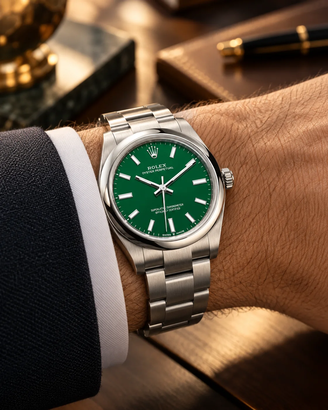 Orologio Rolex Oyster Perpetual con quadrante verde al polso, bracciale Oyster in acciaio